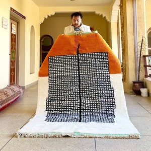 Moroccan Grid Rug, Orange and White Beni Ourain Abstract Carpet, Handmade Bohemian Berber Area Rug, Cozy Handwoven Soft Wool Rug