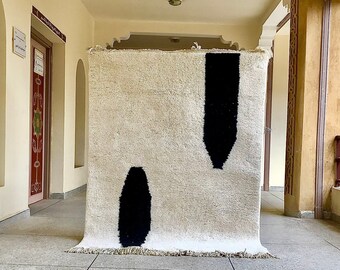 Abstract Moroccan Rug - Handmade Beni ourain Wool Carpet - Black and White Area Rug - Contemporary Berber art decor - Wool rug
