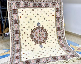 RED & Yellow Vintage RUG, Moroccan Berber Symbols Rug 5x8FT, Woven Geometric Area Carpet, Hand Knotted Bohemian Rug, Vibrant Sheep Wool Rug.