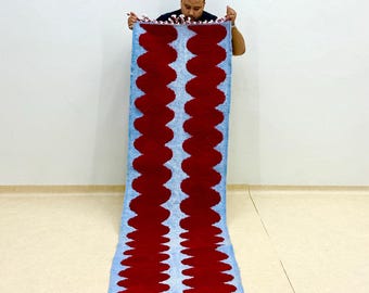 SOFT HALLWAY RUNNER, Custom Handmade Beni ourain Runner Rug, Moroccan Wool Rug, Sriped Rug, Red and Blue Runner, Berber Rug.