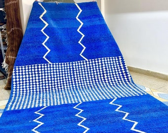 Handmade Moroccan Rug - 6.7x10 FT Blue & White Striped Wool Berber Area Rug - Cozy Chic Organic Wool Carpet