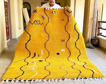 Lux Mustard Area Rug, Moroccan Abstract Wool Carpet, Custom Handmade Berber Yellow Beni Ourain Rug, High-Quality Shag Area Rug