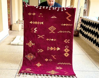 Moroccan Rug – Red and Yellow Abstract Beni Ourain Carpet – Custom Handmade Wool Rug for Bohemian & Eclectic Home Decor