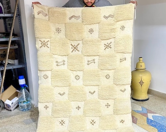 Hand-Tufted Checkered Moroccan Rug - White Abstract Beni Ourain Wool Carpet - Custom Handmade Area Rug for Bohemian Decor