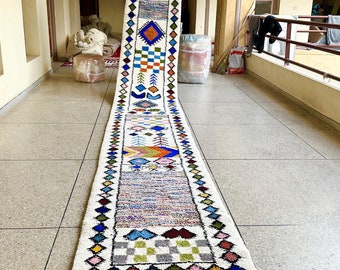 Moroccan Runner - White and Multicolor Abstract Beni Ourain Wool Carpet - Custom Handwoven Hallway Rug for Bohemian Home Style