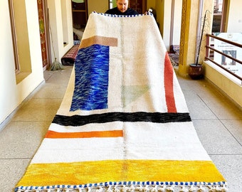 Abstract Moroccan Rug, Blue and Yellow Custom Beni Ourain Wool Carpet, Handmade Berber Area Rug for Living Room & Dining Room
