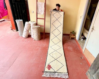 Cute Beni Ourain Runner Rug, Black and White Geometric Handmade Moroccan Runner Rug, Authentic Sheep Wool Runner, Custom Hallway Carpet
