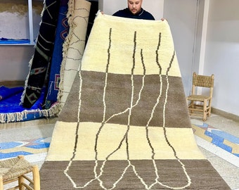 Moroccan White and Brown Rug – Abstract Beni Ourain Wool Carpet – Custom Handmade Wool Area Rug for Boho Living Room or Bedroom Decor