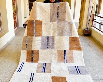 Checkered Moroccan Rug, White and Brown Custom Beni Ourain Handmade Carpet, Handwoven Wool Area Rug, Bohemian Living Room Decor