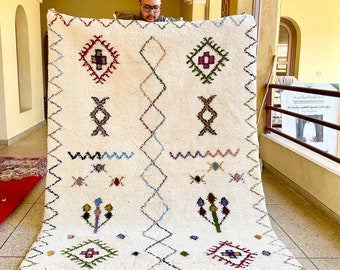 Beni Ourain Rug, Handmade Moroccan Wool Carpet, Abstract White and Green Berber Rug, Bohemian Area Rug for Living Room or Dining Room