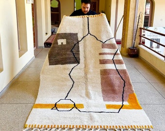 Abstract MAGNIFICENT BOHEMIAN RUG, White and Orange Custom Moroccan Handmade Rug, Handwoven Beni Ourain Soft Wool Rug, Area Living Room Rug.