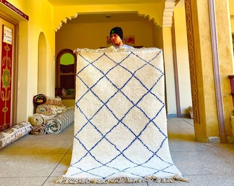 HANDMADE BERBER RUG, Custom Moroccan Handmade Carpet, Azilal Rug, Geometric Beni ourain Rug, Sheep Wool rug, White and Blue Striped Rug