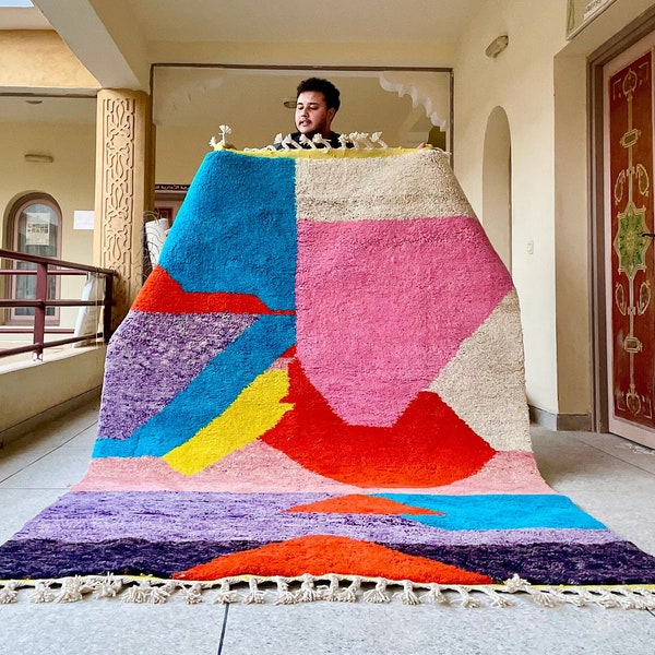 MULTICOLORED BENIOURAIN RUG, Made To Order Moroccan Rug, Handmade Red and Blue Rug, Berber Tufted Rug, Handwoven Sheep Wool Rug, Area Rug.