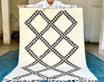 MOROCCAN HANDMADE CARPET 7.1 Ft x 5 Ft, Moroccan Beni Ourain Rug, Custom Berber Rug, Sheep Wool Rug, Handwoven Abstract Rug Area Rug 7x5