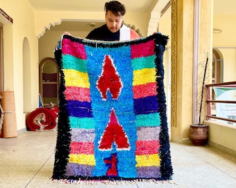 BRIGHT VINTAGE RUG, Moroccan 4.8x3.9FT Rug, Berber Cotton Rug, Geometric Flashy Rug, Blue and Red Vintage Boucherouite Rug, Area Cotton Rug