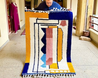 Moroccan Rug – Blue and Yellow Abstract Beni Ourain Carpet – Custom Handmade Wool Area Rug for Bohemian & Eclectic Home Decor