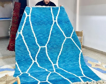 Moroccan rug hand knotted - Blue and White Wool berber rug - 7.9x5.5FT Beni ourain rug - Handmade rug - Moroccan area rug - Teppich Homes