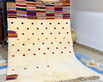 Artistic Beni Ourain Rug - 8.2x5.5 FT Hand-Knotted Wool Shaggy Carpet | Dotted Colorful Sheep Wool Rug for Living Room Décor