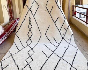 Authentic Black & White Moroccan Rug 6.6x10, Handmade Beni Ourain Wool Area Rug, Berber Striped Carpet, Boho Floor Rug,Modern Moroccan Decor