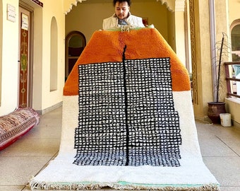 Moroccan Grid Rug, Beni Ourain Orange and White Abstract Carpet, Handmade Bohemian Berber Area Rug, Cozy Handwoven Soft Wool Rug