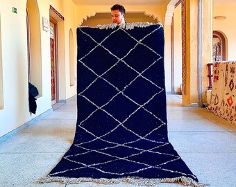 Beni Ourain Black and White Rug – Geometric Diamond Moroccan Runner – Custom Handmade Soft Wool Carpet for Hallway or Living Room