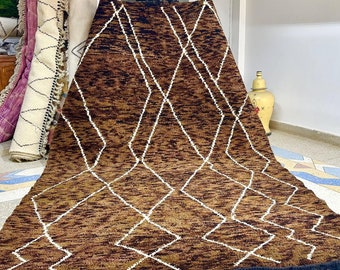 Geometric Brown and White Moroccan Rug 6.4x10FT, Wool Handmade Beni Ourain Wool Area Rug, Soft and Bohemian Décor for Living Room, Bedroom