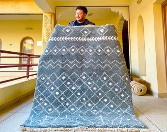 Beni Ourain Rug, Gray and White Abstract Moroccan Rug, Handwoven Wool Carpet, Custom Minimalist Area Rug for Scandinavian Living Room