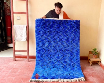 Beni Ourain Rug – Geometric Blue and Black Handwoven Moroccan Wool Carpet – Custom Berber Area Rug for Minimalist Living Room