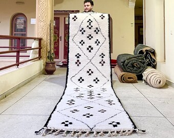 Moroccan Runner Rug - Black and White Geometric Runner Rug - Hallway Abstract Sheep Wool Rug, Custom Handmade Rug for Minimalist Entryway