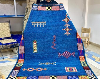 Blue Moroccan Rug, Handmade Berber Wool Rug, 8x5.8FT Beni Ourain Area Rug, Boho Living Room Rug, Wool Moroccan Carpet for Bedroom Decor