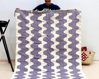 Kilim Rug – 6.4x4.8FT Flat Weave Gray and White Moroccan Wool Carpet – Custom Handwoven Striped Area Rug for Minimalist & Boho Home Decor