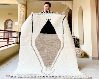 Moroccan Rug, White and Brown Abstract Beni Ourain Rug, Handwoven Wool Carpet, Custom Minimalist Area Rug for Cozy Living Room