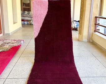 Moroccan Runner - Abstract Red and Pink Beni Ourain Wool Carpet - Custom Handwoven Hallway Rug for Scandinavian Home Style