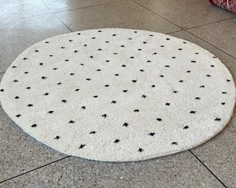 Round Moroccan Rug – Black and White Polka Dot Beni Ourain Wool Carpet – Custom Handmade Area Rug for Scandinavian & Bohemian Interiors