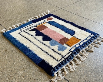Moroccan Area Rug, Moroccan Rug, Moroccan Blue Rug, Striped Beni Ourain Rug - Royal Blue and White Minimalist Boho Rug