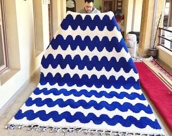 Moroccan Rug - Beni Ourain Blue and White Striped Wool Carpet - Custom Handwoven Area Rug for Contemporary Living Room or Bedroom