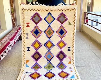 HANDMADE GEOMETRIC RUG 6x4, Living Room Berber Wool Rug, Bohemian White & Yellow Rug, Hand Knotted Beni Ourain Rug, Authentic Area Rug