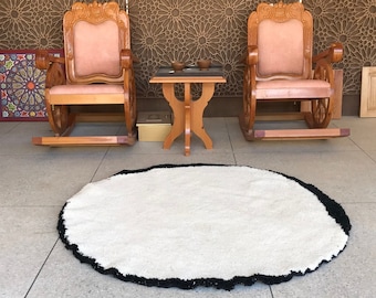 Custom Round Rug | Soft Beni Ourain Carpet | Premium Moroccan Bordered White & Black Handmade Carpet - Area Soft Wool Carpet