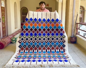 Geometric Moroccan Rug - Blue Multicolor Beni ourain Wool Carpet | Bohemian Handwoven Area Rug | Custom Made Berber Carpet