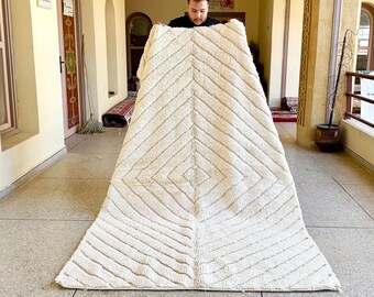 Hand-Tufted Moroccan Rug, White Striped Beni Ourain Wool Carpet, Scandinavian Area Rug for Living Room, Kids Room, Dining Room, or Nursery