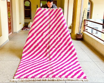 COZY PINK RUG, Custom Moroccan Rug, Beni Ourain Wool Rug, Berber Area Rug, Handmade Striped Carpet, Luxe Shag Rug for Contemporary Homes