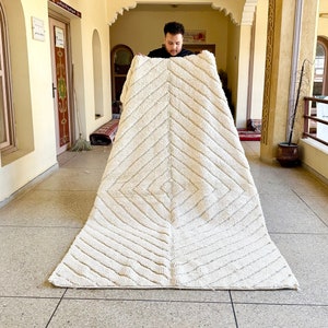Hand-Tufted Moroccan Rug, White Striped Beni Ourain Wool Carpet, Scandinavian Area Rug for Living Room, Kids Room, Dining Room, or Nursery