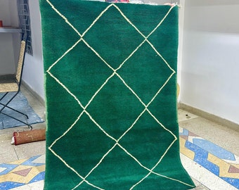 Artistic Moroccan Beni Ourain Rug – 6.1x3.6 ft Handwoven Geometric Area Rug, Green and White Berber Wool, Perfect for Living Room Décor