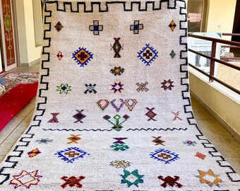 Moroccan Rug - Gray and Blue Abstract Beni Ourain Wool Carpet - Custom Handwoven Area Rug for Bohemian Living Room or Bedroom