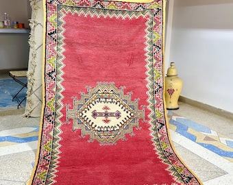 Authentic Moroccan Rug 7.4x4.1FT, Red Beni Ourain Rug, Moroccan Wool Rug, Vintage Beni Ourain rug, Berber rug, Area Rug 7x4
