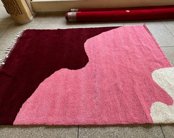 Pink Abstract Beni ourain Rug | Red & Red Moroccan Rug | Custom Handmade Wool Area Rug
