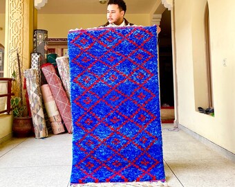 Artistic Wool Rug, Custom Beni Ourain Rug, Blue and red Wool Rug, Azilal rug, Blue Berber Wool Rug, Unique Geometric Rug, Handwoven Rug.