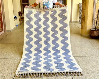 BENI STRIPED RUG, Handmade Moroccan Rug, Shaggy Beni Ourain Rug, Custom Size Area Rug, Contemporary Wool Rug, White & Gray Berber Carpet.