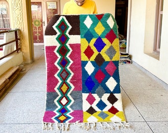 Boujaad Multicolor Rug – Moroccan Abstract Colorful Carpet – Handmade Beni Ourain Soft Wool Boho Area Rug for Living Room or Bedroom