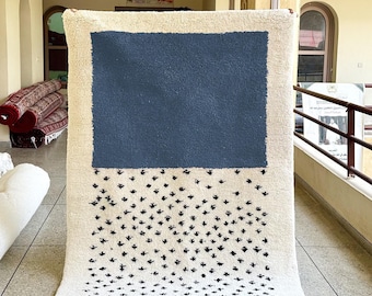 Moroccan Dotted RUG, Blue and White Beni Ourain Carpet, Handmade Wool Area Rug for Minimalist Home Decor,Custom Bohemian Rug for Living Room